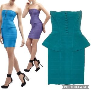 NWT Herve Leger turquoise peplum bandage dress